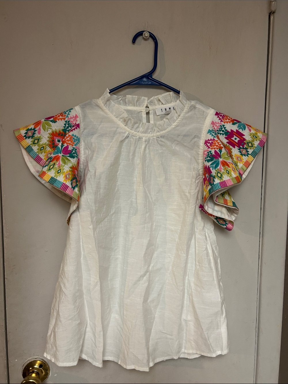THML White blouse with Multicolor Embroidered Flutter Sleeves